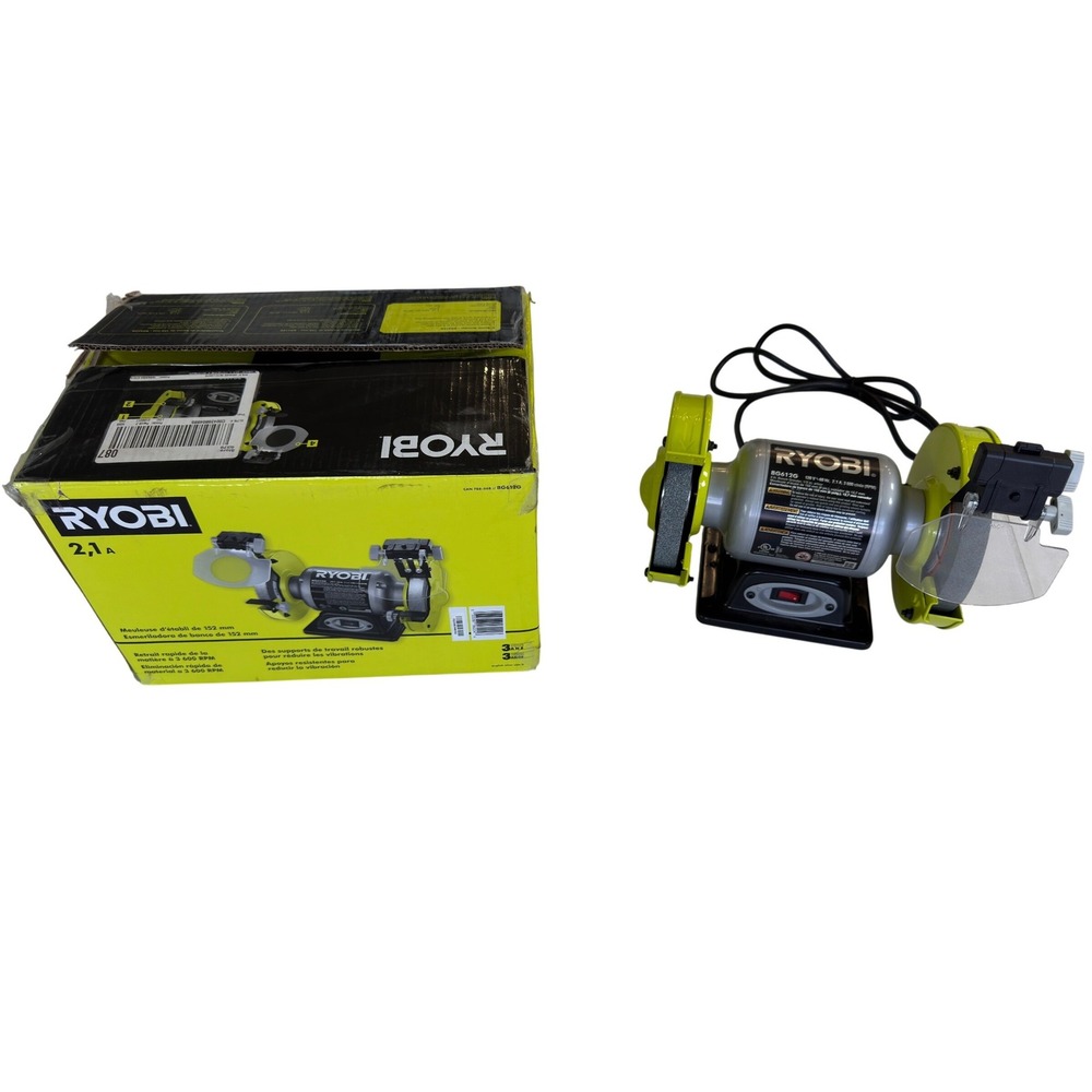 Ryobi BG612G 6 Inch Bench Grinder 2.1 Amp 3600 RPM with Spark Shields Boxed